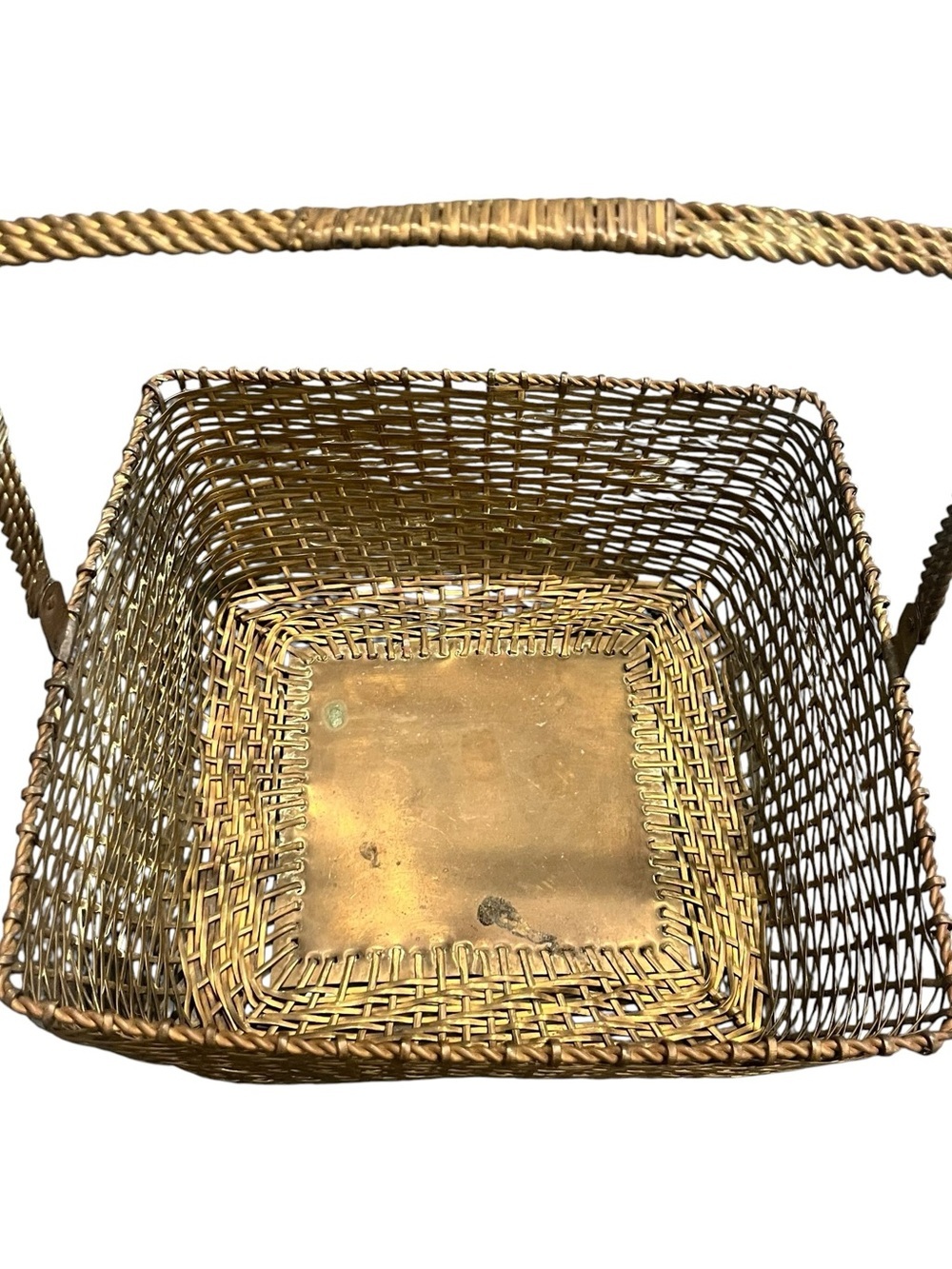 Large Woven Brass Basket With Handle Vintage 10.5” X 10.5”